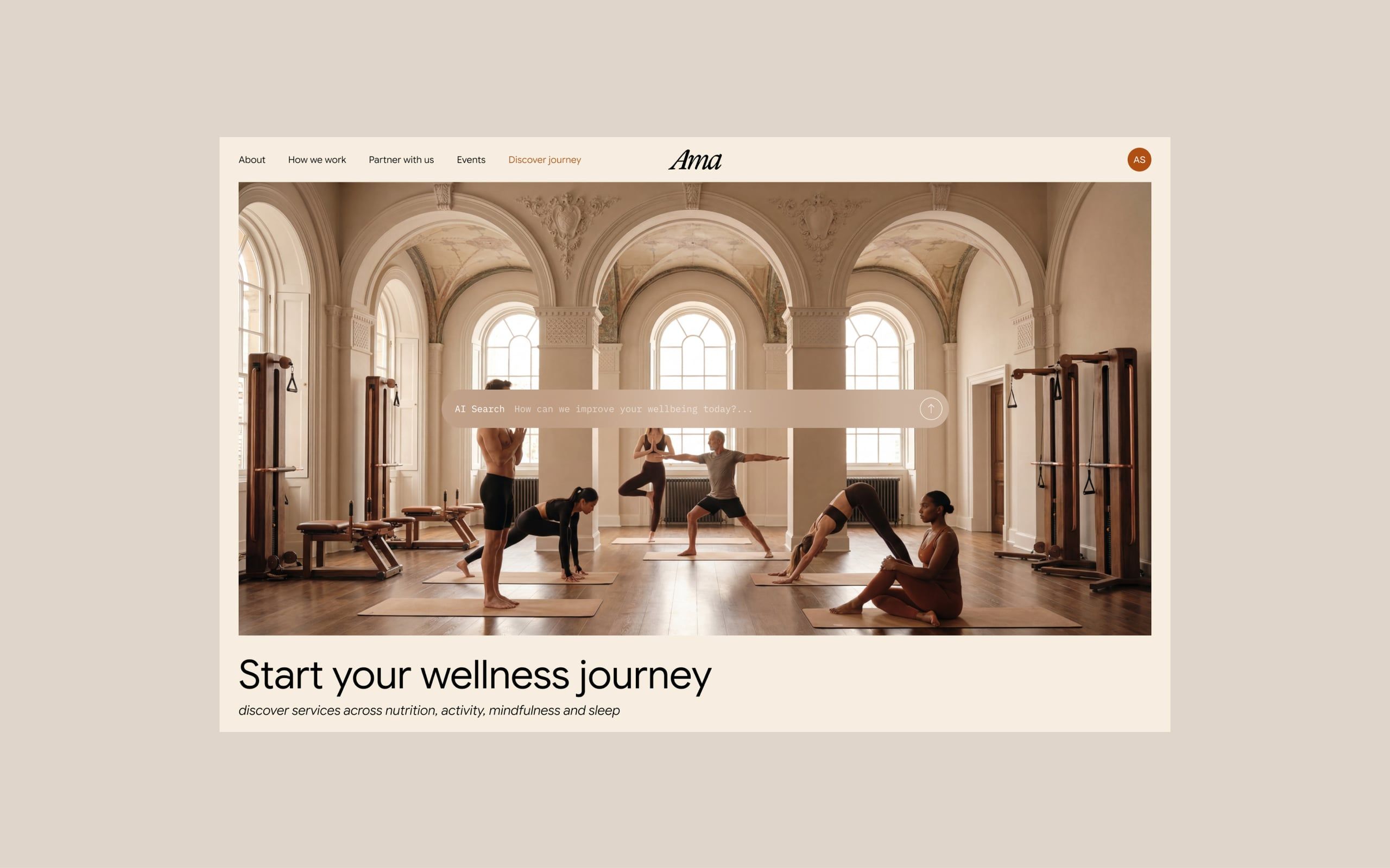 Page d’accueil d’AMA : recherche par IA sur un studio de yoga ensoleillé et titre Start your wellness journey