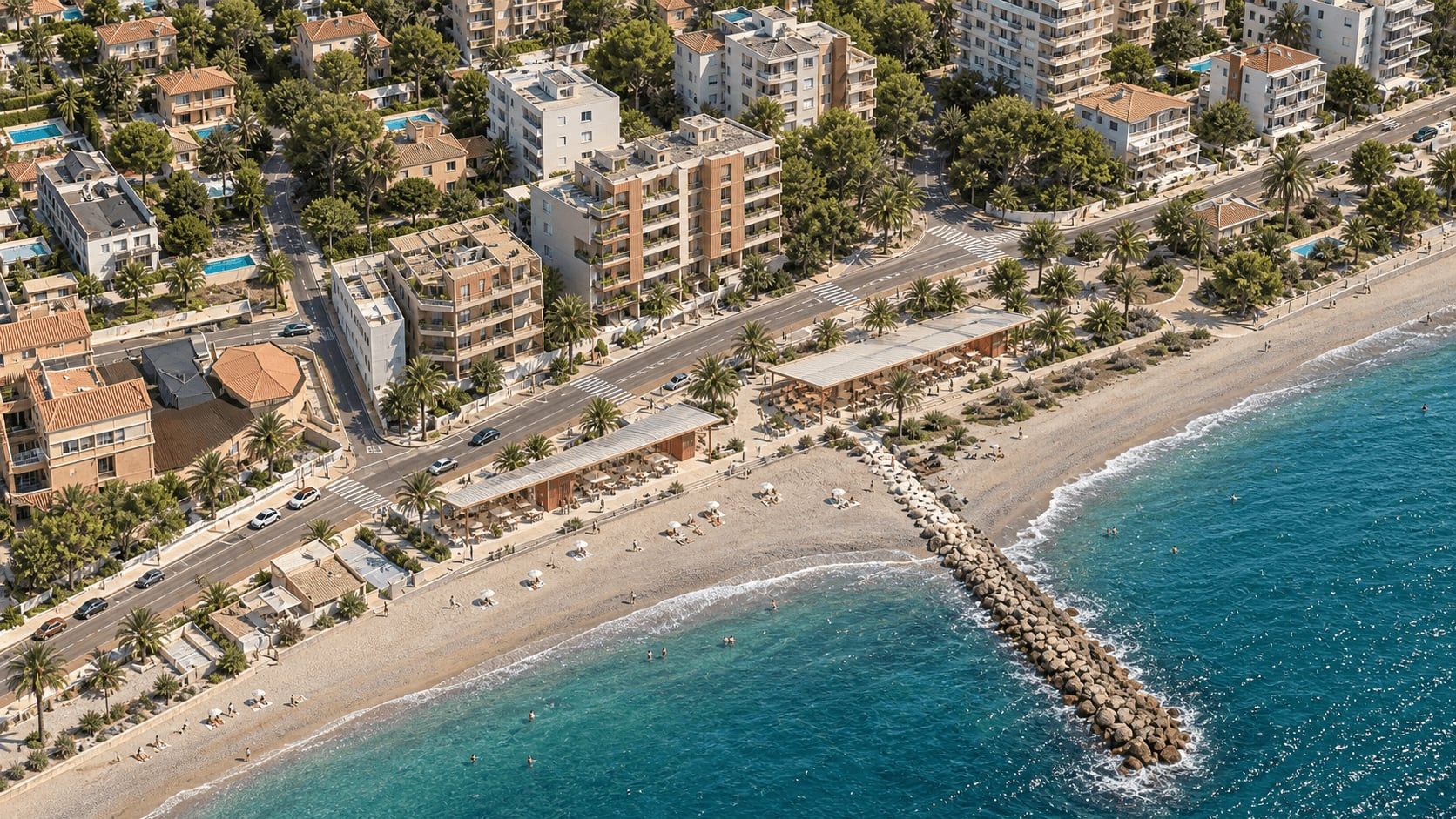 Aerial concept view of the Heliópolis coastal district, with proposed façade and public-space changes.