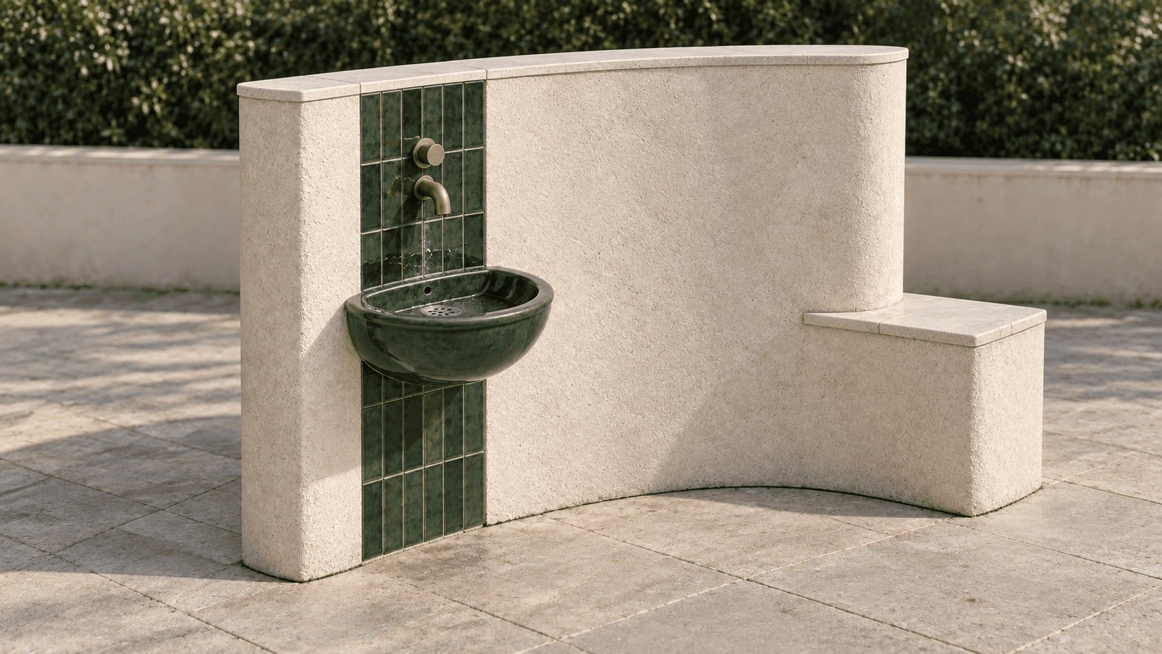 Curved ivory mineral wall with a green ceramic water point and a low stone-topped ledge. Concept visualisation.