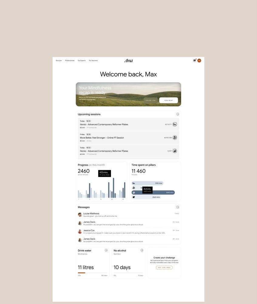 Tableau de bord client avec séances à venir, progression et messages