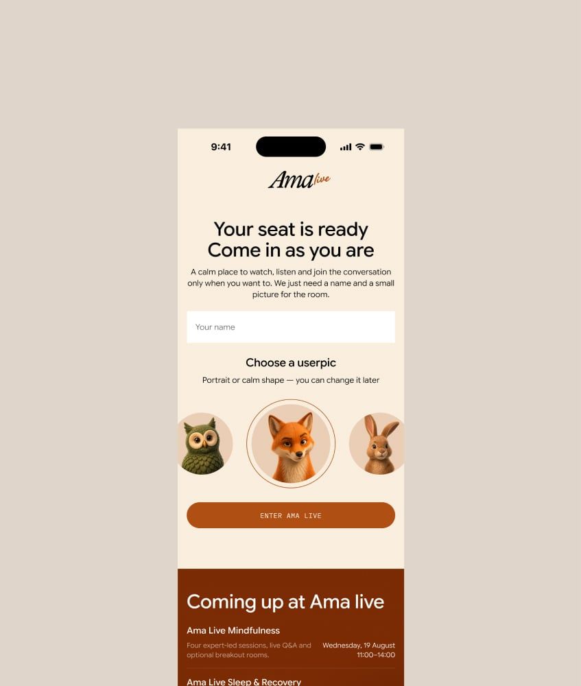 Ama Live sur mobile : confirmation de la place et choix d’un avatar pour la salle