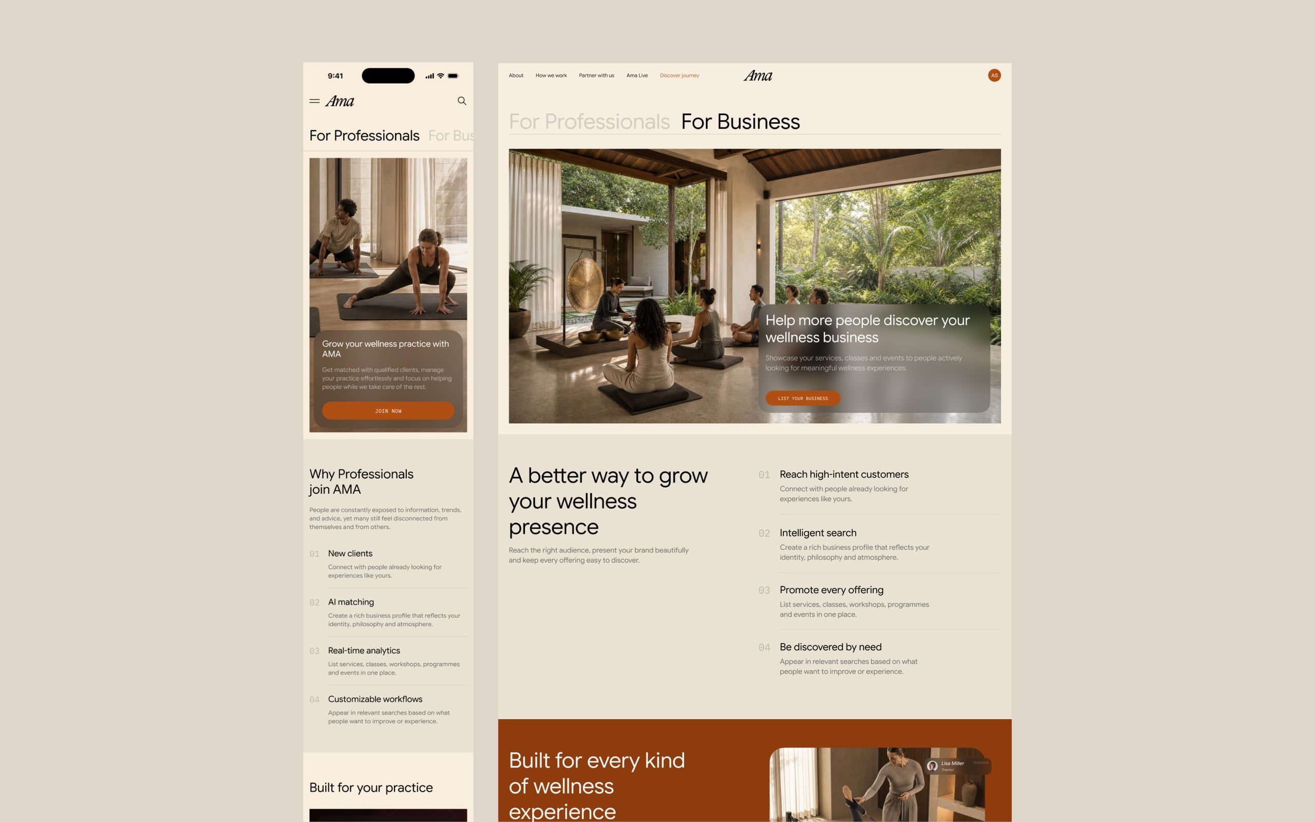 Page pour les professionnels sur mobile et page pour les entreprises sur ordinateur