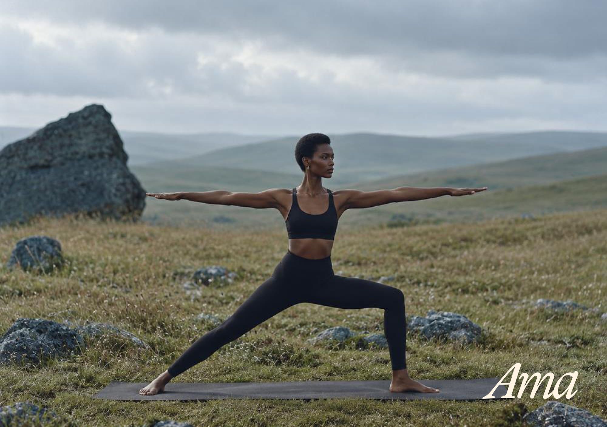 Woman in a yoga warrior pose on a mat in open hills, with the Ama logo